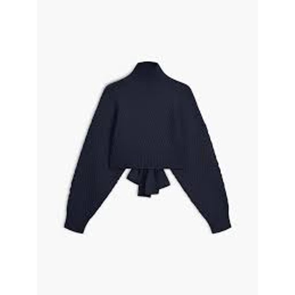 Sweater open back tie baboon sleeve mock turtleneck honeycomb pattern NAVY XS 2
